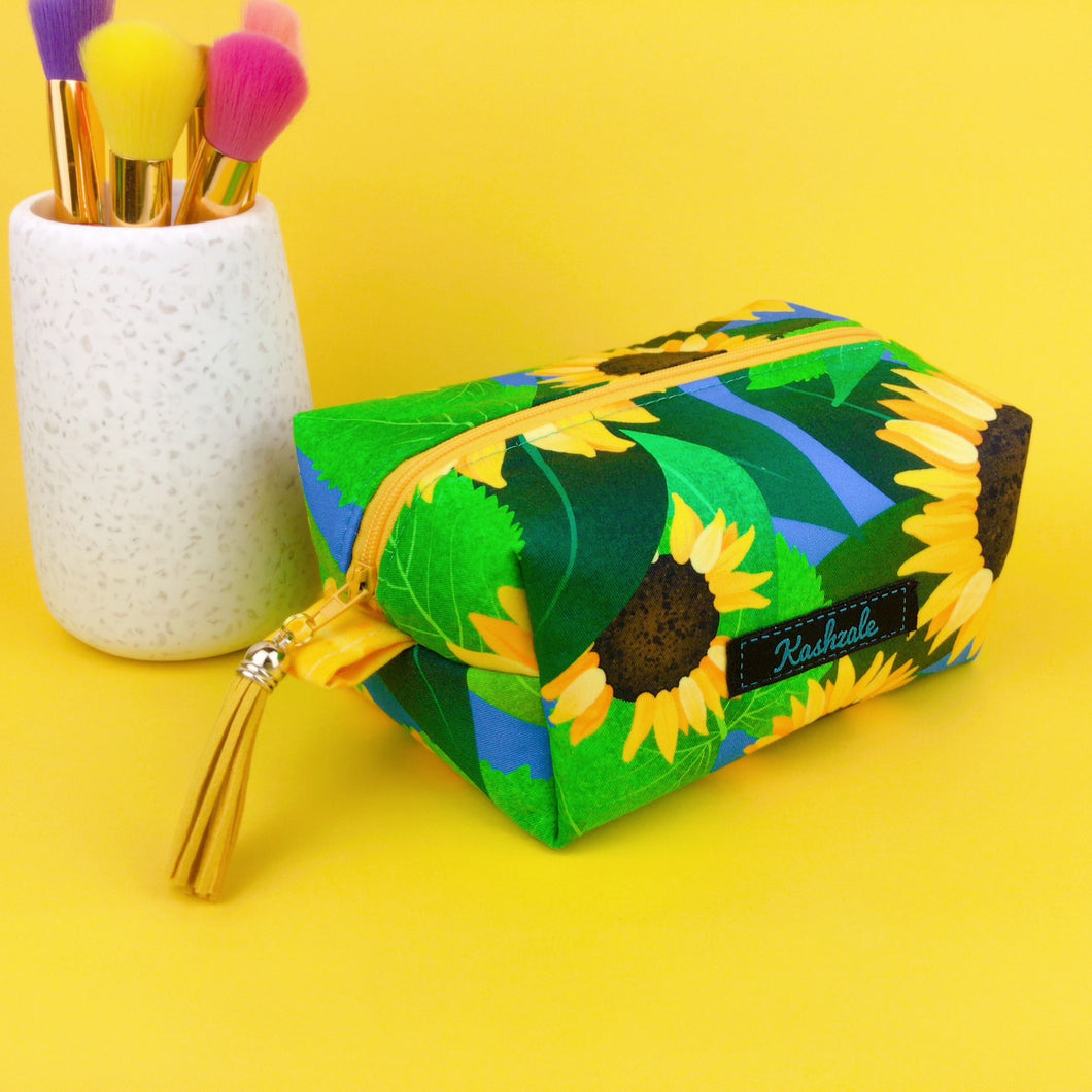 Sunny Flowers Medium Box Makeup Bag. Kasey Rainbow Design.