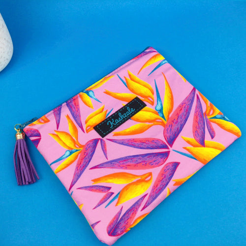 Paradise Birds Clutch, Small makeup bag. Kasey Rainbow Design. - Kashzale Cosmetic Bags