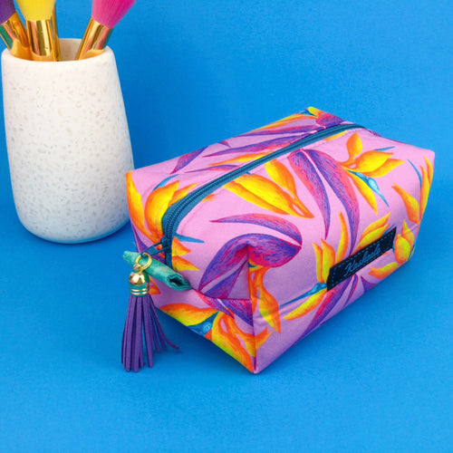 Paradise Birds Medium Box Makeup Bag. Kasey Rainbow Design. - Kashzale Cosmetic Bags