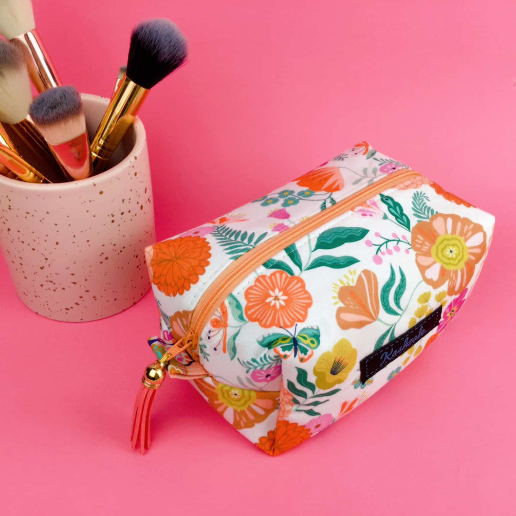 Cream Floral Medium Box Makeup Bag.