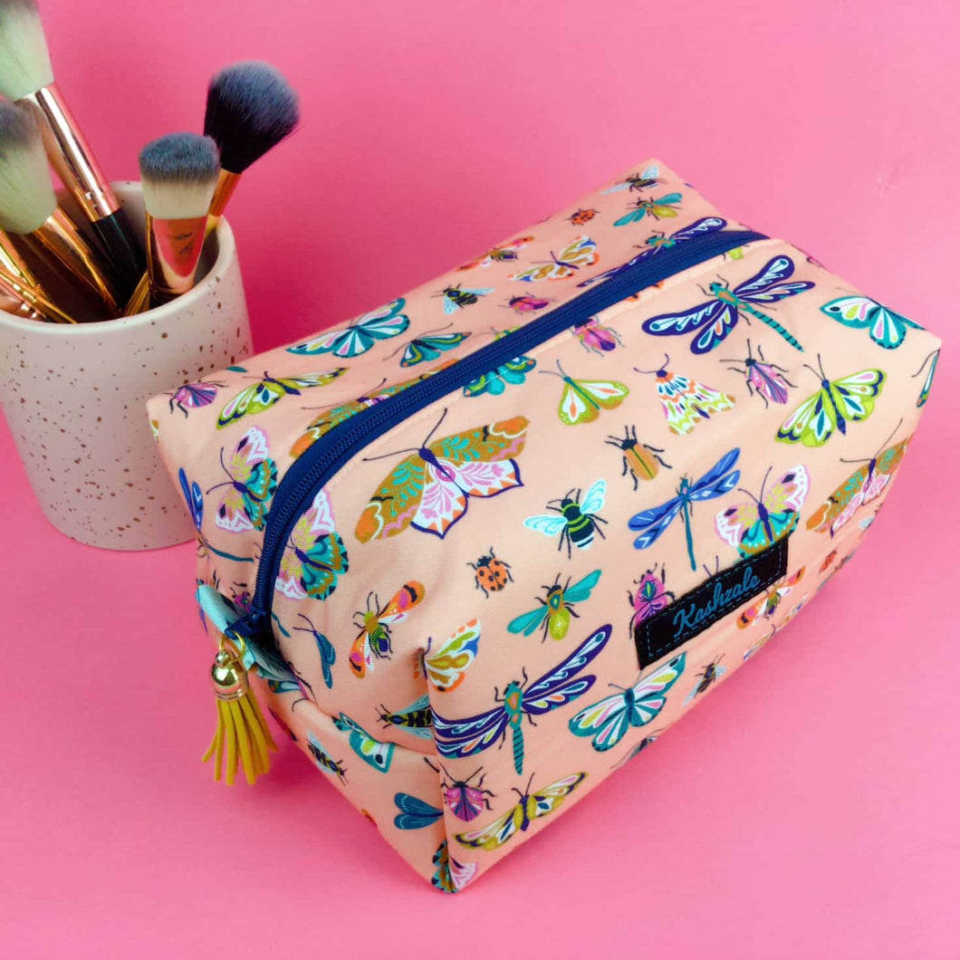 Coral Bugs and Butterflies Large Box Cosmetic Bag.