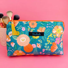 Load image into Gallery viewer, Teal and Peach Floral Medium Makeup Bag.

