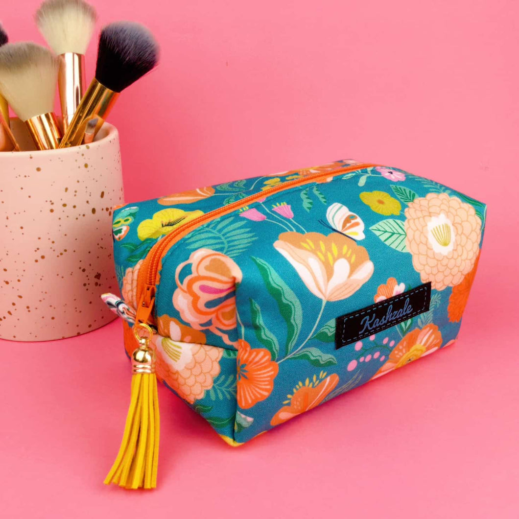 Teal and Peach Floral Medium Box Makeup Bag.