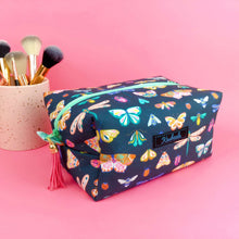 Load image into Gallery viewer, Navy Butterflies and Bugs Large Box Cosmetic Bag.
