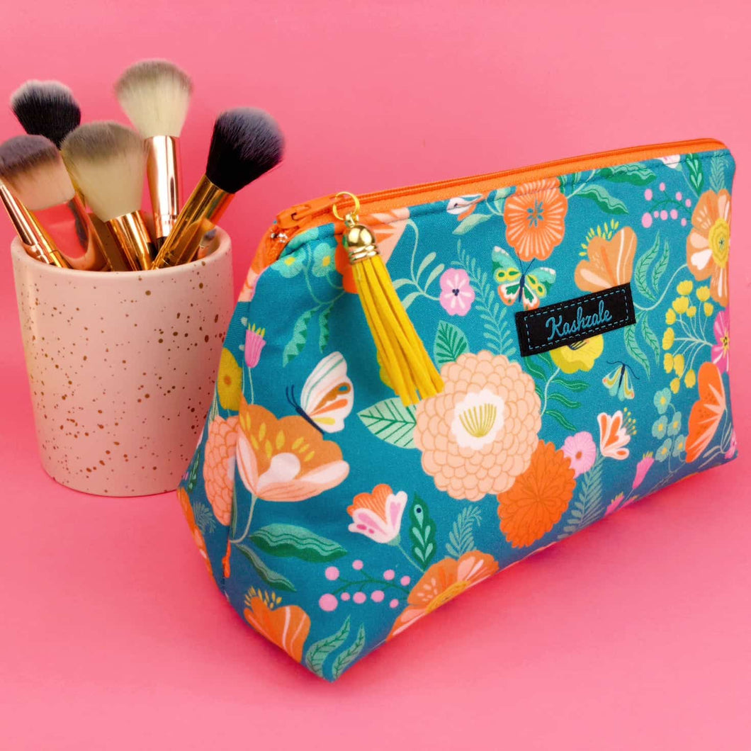 Teal and Peach Floral Medium Makeup Bag.
