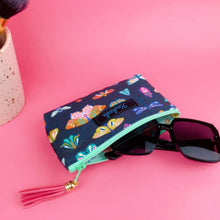 Load image into Gallery viewer, Navy Butterflies and Bugs Sunglasses bag, glasses case.
