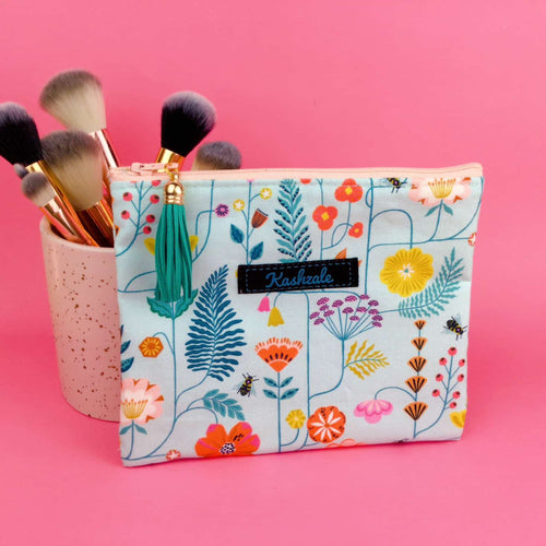 Light Blue Floral Small Clutch, Small makeup bag. - Kashzale Cosmetic Bags