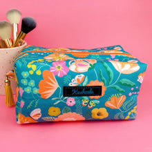 Load image into Gallery viewer, Teal and Peach Floral Large Box Cosmetic Bag.
