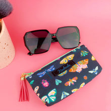 Load image into Gallery viewer, Navy Butterflies and Bugs Sunglasses bag, glasses case.
