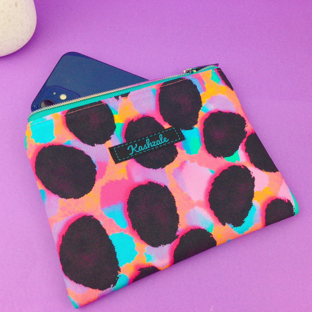 Tropical Cheetah Small Clutch, Small makeup bag. Inky Soda Design.