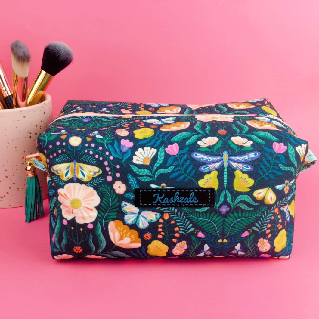 Navy Floral Large Box Cosmetic Bag.