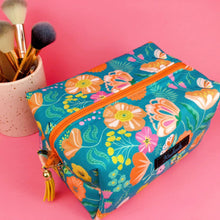 Load image into Gallery viewer, Teal and Peach Floral Large Box Cosmetic Bag.
