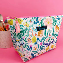 Load image into Gallery viewer, Green and Cream Floral Large Makeup Bag.

