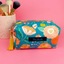Load image into Gallery viewer, Teal and Peach Floral Medium Box Makeup Bag.
