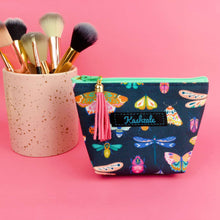 Load image into Gallery viewer, Navy Butterflies and Bugs Small Makeup Bag.
