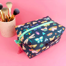 Load image into Gallery viewer, Navy Butterflies and Bugs Large Box Cosmetic Bag.

