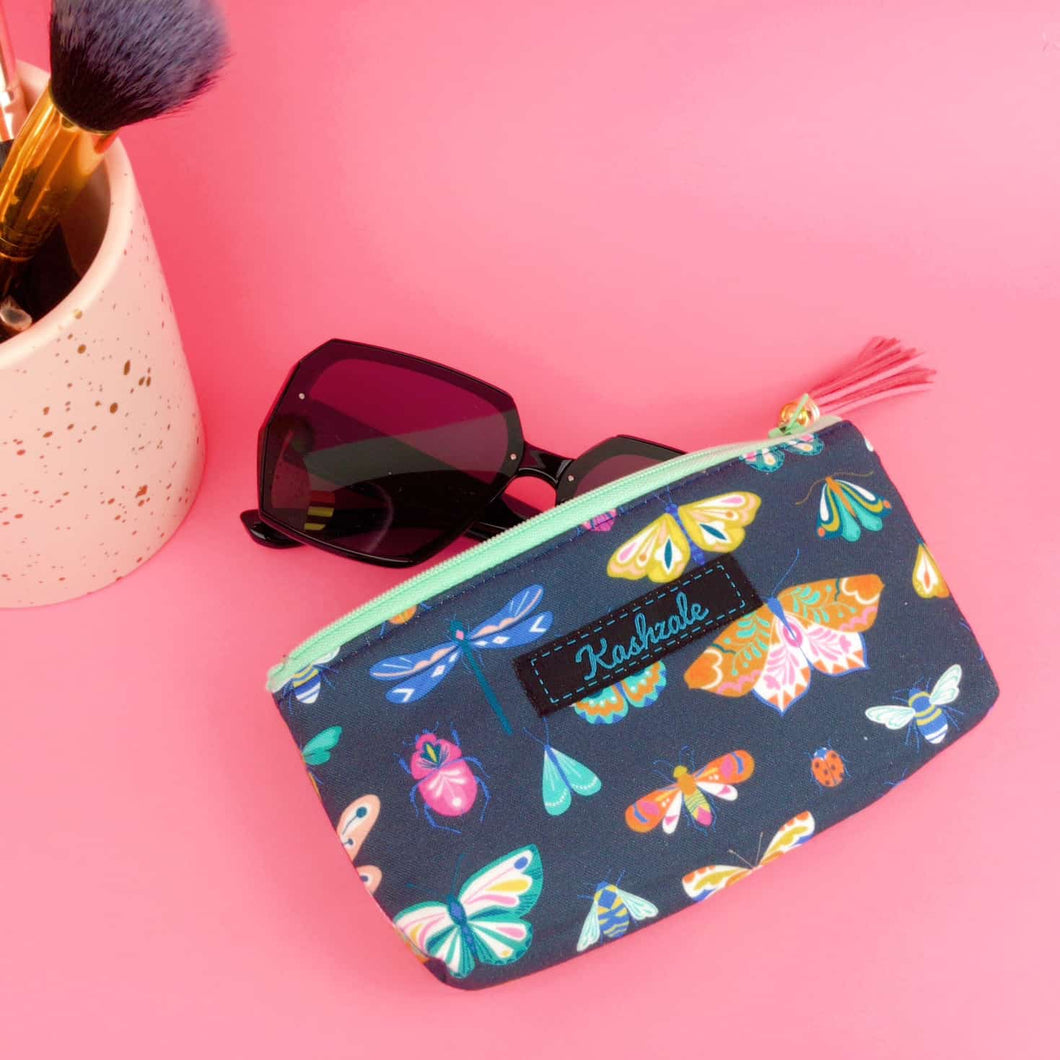 Navy Butterflies and Bugs Sunglasses bag, glasses case.