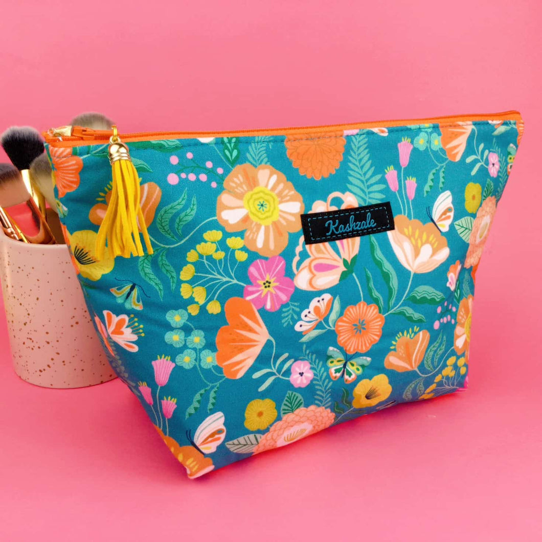 Teal and Peach Floral Large Makeup Bag.