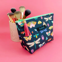 Load image into Gallery viewer, Navy Butterflies and Bugs Medium Cosmetic Bag.
