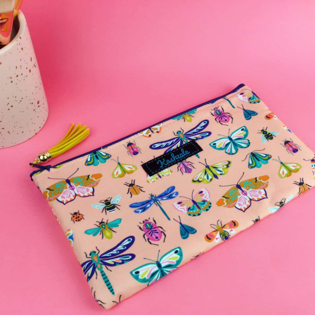Coral Bugs and Butterflies Zipper Pouch, Travel Pouch.