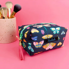 Load image into Gallery viewer, Navy Butterflies and Bugs Medium Box Makeup Bag.
