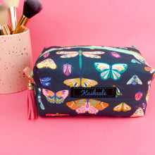 Load image into Gallery viewer, Navy Butterflies and Bugs Medium Box Makeup Bag.
