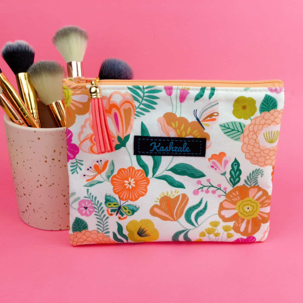 Cream Floral Small Clutch, Small makeup bag.