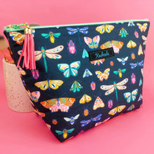 Load image into Gallery viewer, Navy Butterflies and Bugs Large Makeup Bag.
