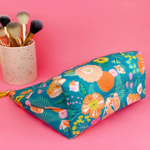 Load image into Gallery viewer, Teal and Peach Floral Large Makeup Bag.
