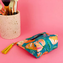 Load image into Gallery viewer, Teal and Peach Floral Small Makeup Bag.
