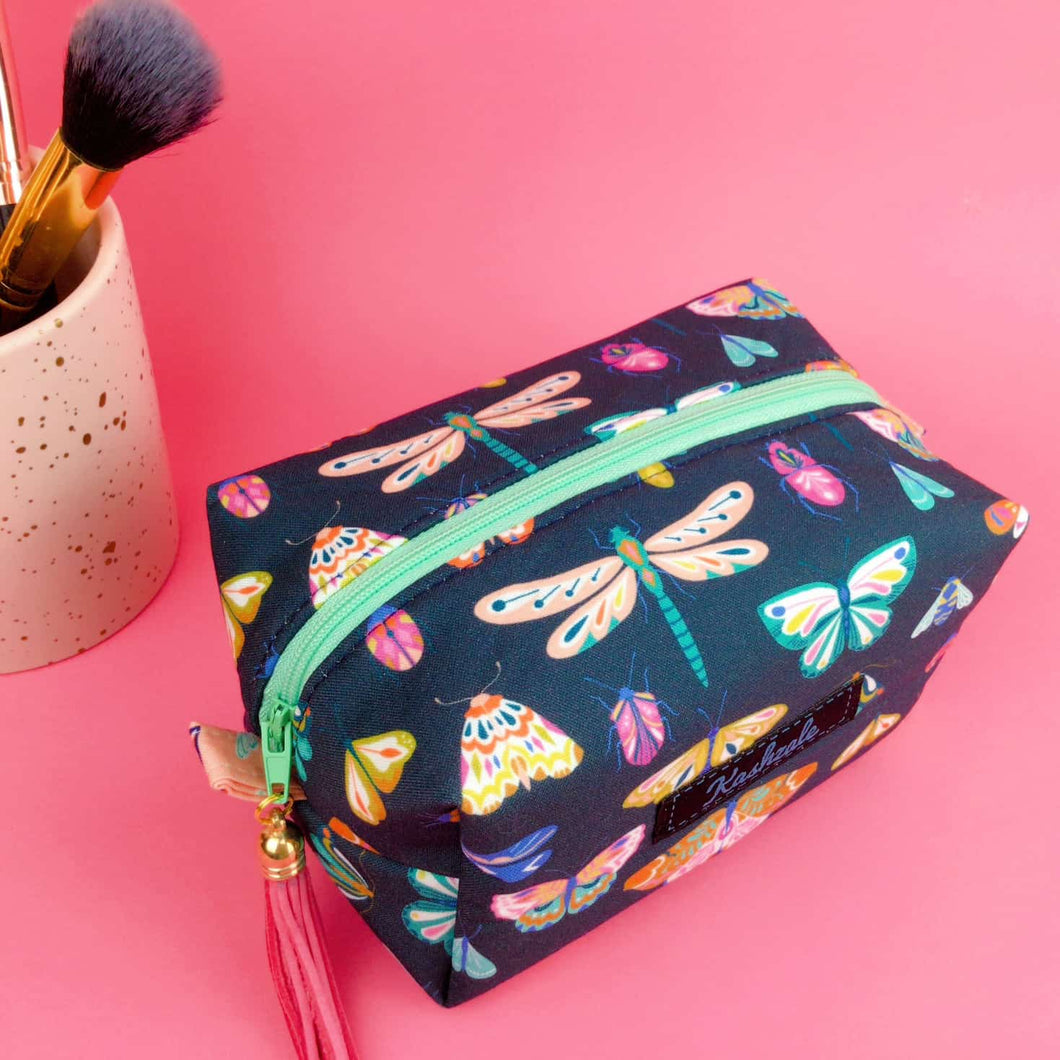 Navy Butterflies and Bugs Medium Box Makeup Bag.