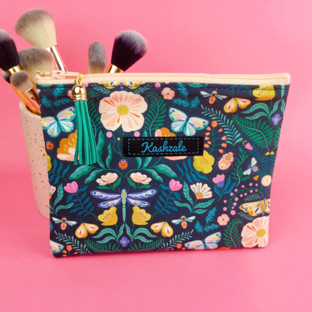 Navy Floral  Small Clutch, Small makeup bag.