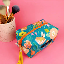 Load image into Gallery viewer, Teal and Peach Floral Medium Box Makeup Bag.
