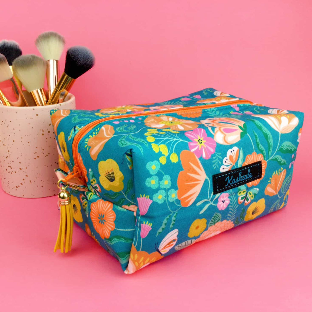 Teal and Peach Floral Large Box Cosmetic Bag.