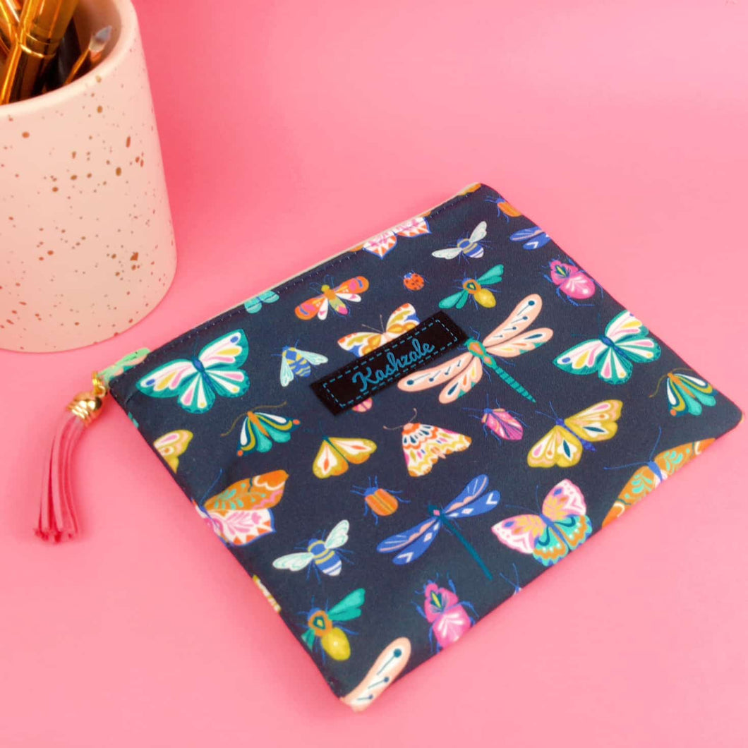 Navy Butterflies and Bugs Small Clutch, Small makeup bag.