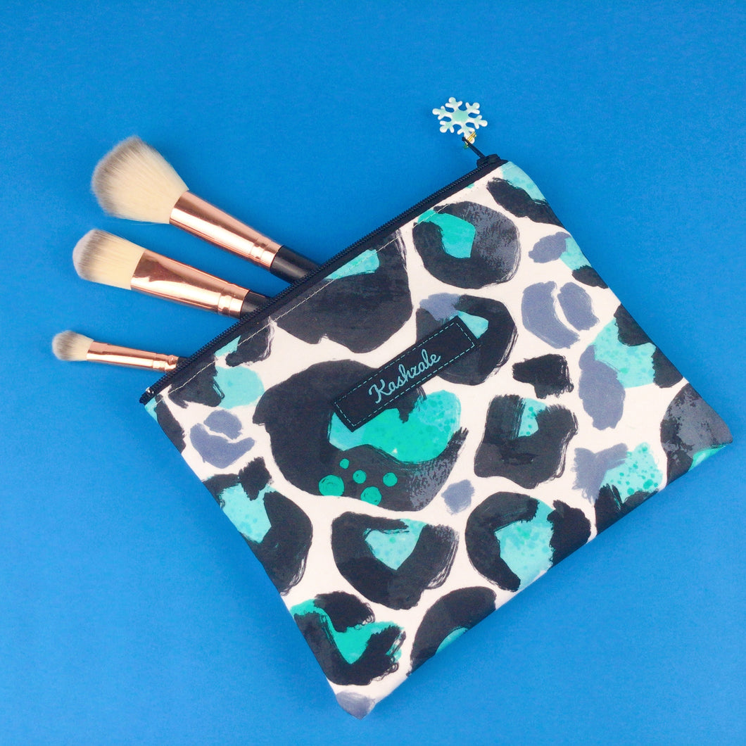 Snow Leopard Clutch, Small makeup bag. Kasey Rainbow Design.
