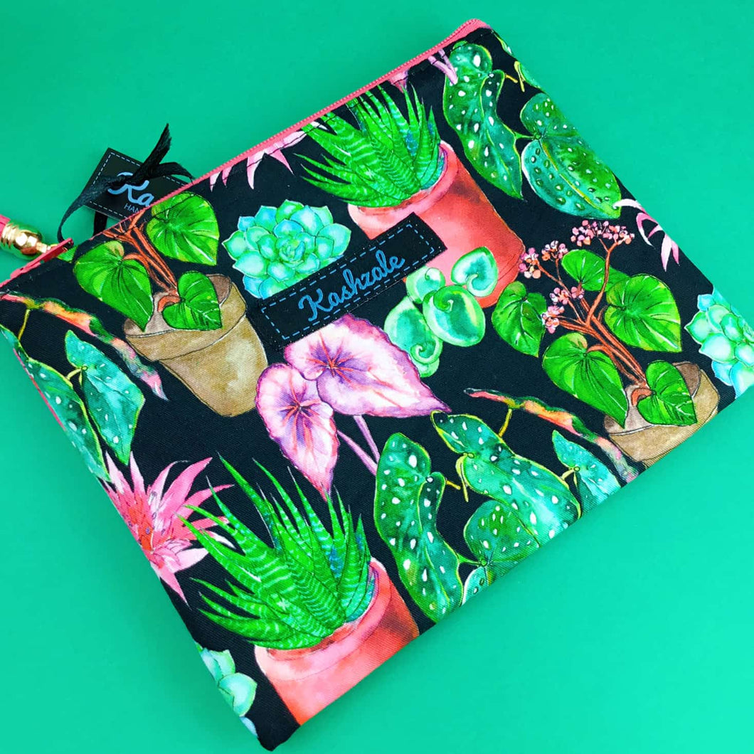 Plant Lady Black Small Clutch, Small makeup bag.