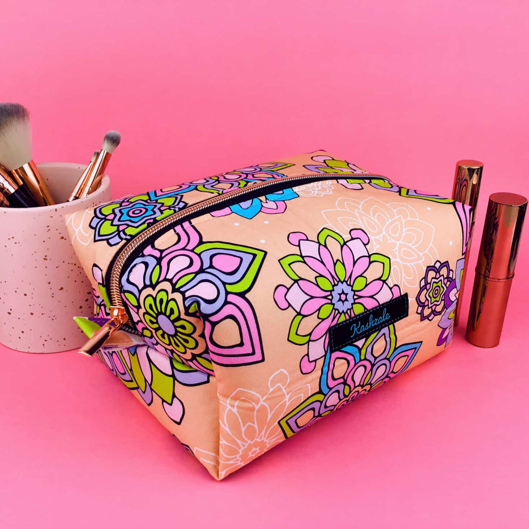 Mandala Magnifica Peach Large Box Cosmetic Bag. Exclusive Design.