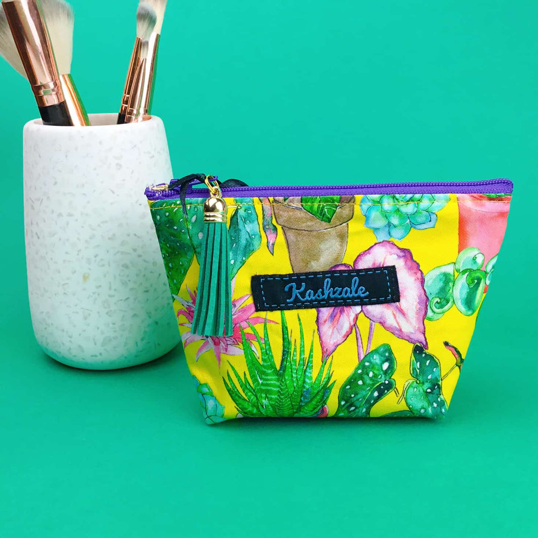 Plant Lady Yellow Small Makeup Bag.  Rachael King Design.