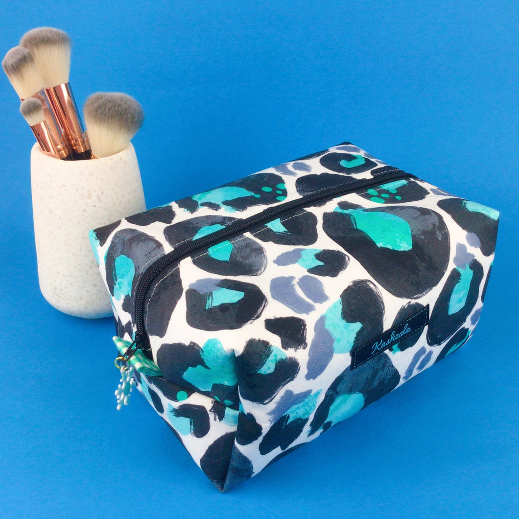 Snow Leopard Large Box Cosmetic Bag. Kasey Rainbow Design.
