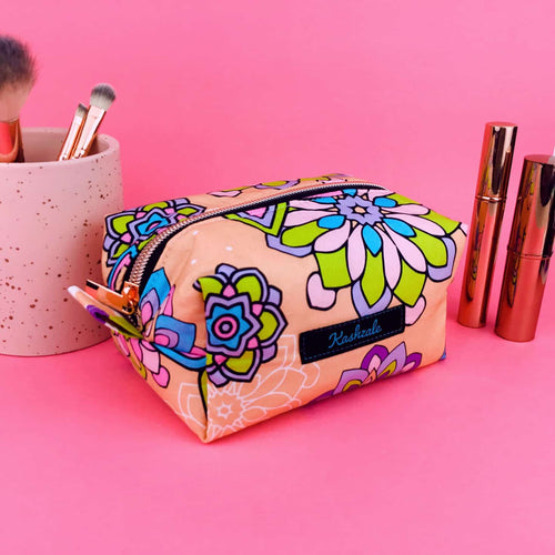Mandala Magnifica Peach Medium Box Makeup Bag.  Exclusive Design. - Kashzale Cosmetic Bags